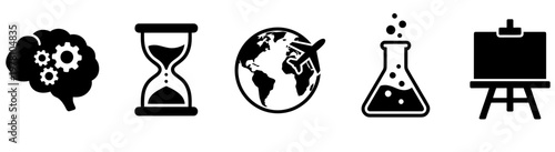 Set of vector icons symbolizing intelligence, time, global travel, science, and creativity, perfect for educational content, business presentations, or diverse project visuals.