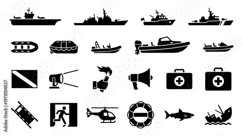 Set of essential icons featuring naval ships, various rescue boats, safety equipment, and emergency symbols for maritime operations and ocean safety awareness.