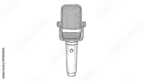 Hand drawn outline of a classic rectangular vocal microphone. Ideal for music, radio, and podcasting themes and visual branding.
