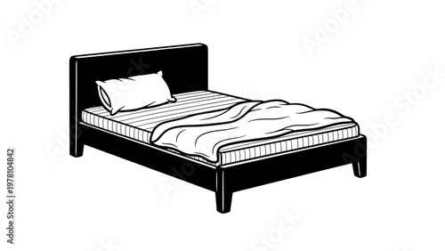 Monochrome single bed with headboard, pillow, and blanket, depicted in a simple graphic style, perfect for furniture catalogs or bedroom concepts.