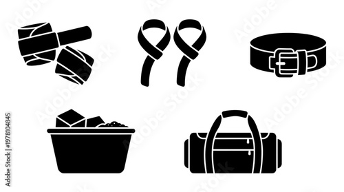 Black glyph icons representing sports, fitness, and active lifestyle essentials like hand wraps, gym bag, and ice tub, suitable for various healthrelated designs.