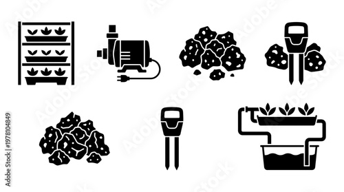 Glyph icons showcasing hydroponic system components like vertical garden, water pump, growing media, and moisture meter, ideal for modern farming and indoor cultivation concepts.