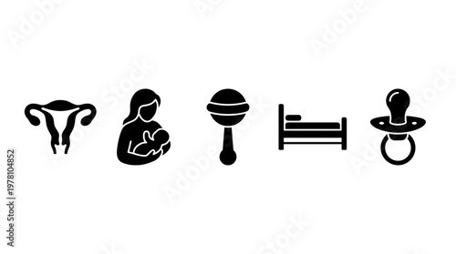 Collection of black glyph icons illustrating pregnancy, birth, motherhood, baby care, and infant items for parenting, health, and familyrelated content.