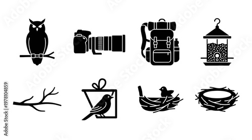 Collection of simple black glyph icons representing birdwatching, wildlife observation, and nature exploration, including birds, nests, camera, backpack, and bird feeder.