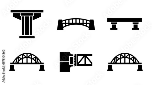 Essential bridge icons depicting various structural forms and support types, suitable for civil engineering, architectural plans, and infrastructure development concepts.