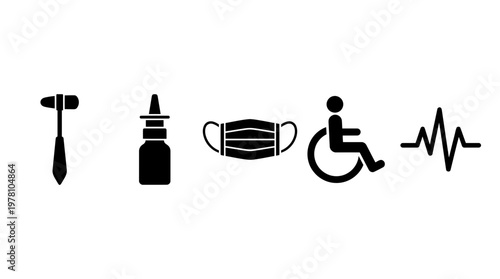 Essential medical and healthcare icons including reflex hammer, nasal spray, face mask, wheelchair symbol, and heartbeat, perfect for healthcare communication.