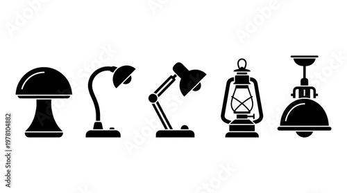 Collection of diverse lighting fixtures as black silhouettes, including table, desk, lantern, and ceiling lamps, ideal for various design projects.