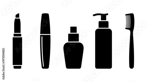Collection of black silhouette icons for beauty and personal care, featuring makeup, skincare bottles, and a comb, ideal for diverse selfcare and cosmetic projects.