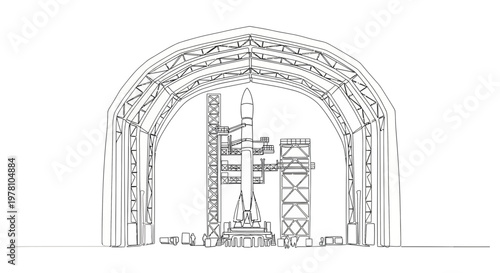 Single continuous line drawing of a towering rocket on a launch pad inside a large gantry, symbolizing space travel and technological advancement, perfect for scientific themes.