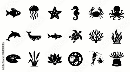 Collection of diverse aquatic animal and plant silhouette icons representing marine and freshwater ecosystems, perfect for educational materials and environmental themes.