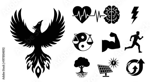 Black silhouette icons depicting phoenix, heart, brain, lightning, yin yang, muscle, runner, tree, solar panel, and growth for wellness, energy, and balance themes.