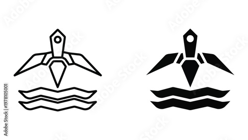 Comparison of an aircraft carrier and a submarine depiction in iconographic style