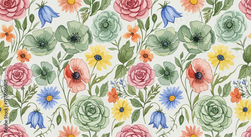 Elegant botanical background filled with blooming flowers and soft greenery in calming natural tones