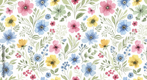 Soft pastel floral background pattern with delicate wildflowers and gentle leafy accents in seamless repetition