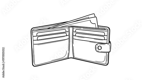 Minimalist line drawing of an open wallet with money and cards, suitable for financial literacy, budgeting, or economic presentations.