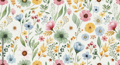 Romantic floral background with pastel blossoms and elegant flowing stems in harmony