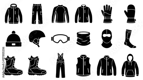 Essential black and white icons of winter sports clothing and gear, including jackets, pants, helmets, goggles, and boots. Ideal for web, apps, and educational content.