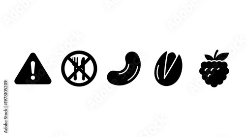 Set of black silhouette icons for food allergy warnings and dietary restrictions, featuring hazard, no eating, cashew, pistachio, and raspberry symbols for health information.