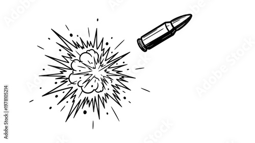 Hand drawn bullet speeding away from an energetic burst effect, perfect for conveying dynamic action and impact in various media applications.