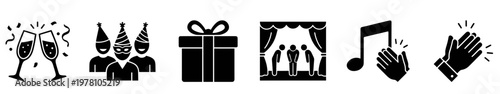 Glyph icons depicting celebration elements champagne toast, party people, gift, stage performance, music, and applause, perfect for event promotion and joyful themes.