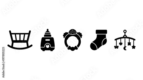 Set of essential baby items cradle, bottle warmer, rattle, sock, mobile. Ideal for maternity, parenting, or childcare projects.