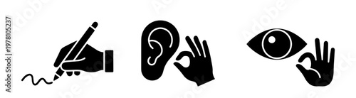 Vector icons symbolizing the senses of writing, hearing, and seeing, useful for learning, communication, or perception concepts in education or business applications.