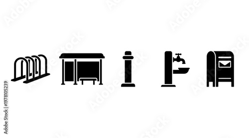 Collection of essential public utility black glyph icons featuring bicycle rack bus stop bollard drinking fountain and mailbox for urban mapping and informational design.
