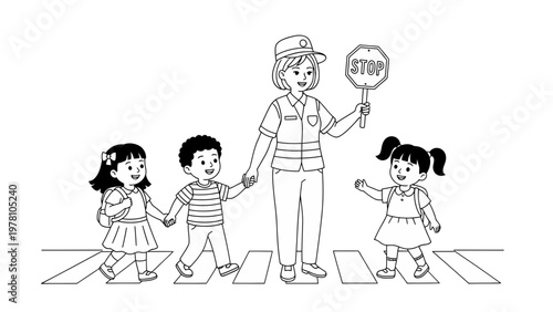 An Asian school crossing guard safely guides Asian and Black children across a crosswalk, promoting traffic safety education and community support for young students.