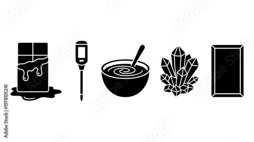 Icons depicting melting chocolate, thermometer, bowl with mixture, crystals, and a mold for confectionery preparation or sweet treat making.