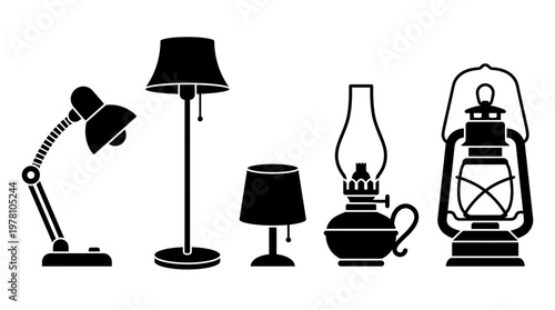 Variety of black silhouette lamps, including desk, floor, table lamps, oil lamps, and lanterns. Perfect for home decor, electrical lighting, and vintage themes.