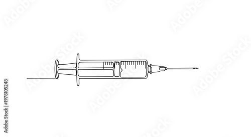 Minimalist single line drawing of a medical syringe with needle, ideal for healthcare, vaccination, and medicine related visuals.