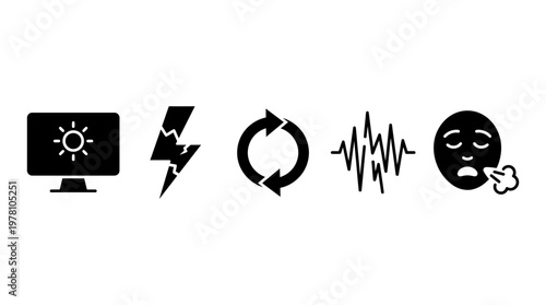 Set of five black glyph icons representing system status, errors, refresh, health metrics, and fatigue, perfect for UI, infographics, or conceptual themes.