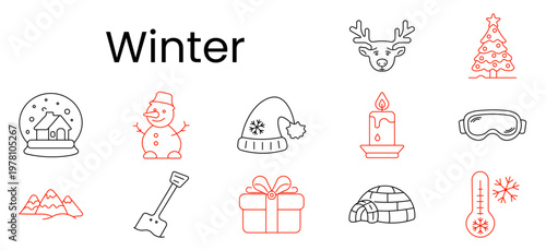 Winter set icon. Outline pictograms, deer head, tree, snow globe house, snowman, knit hat, candle, goggles, mountains, shovel, gift box, igloo, thermometer.