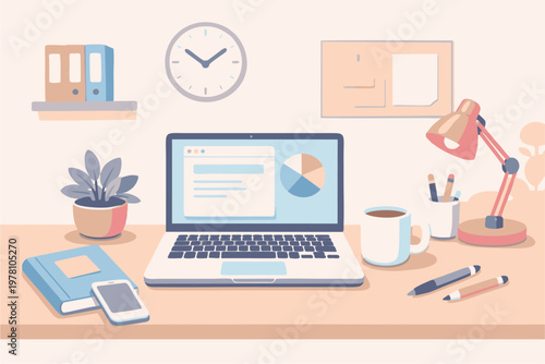 Organized workspace illustration with laptop showing charts, desk lamp, coffee mug, notebook, smartphone, plant, wall clock, shelf folders, and bulletin board in calm productive office scene