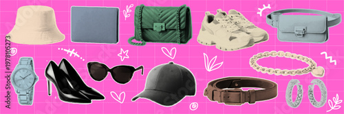 Halftone pop art dot hat wallet handbag sneaker waist bag watch high heel sunglasses cap belt earrings bracelet collection vector illustration