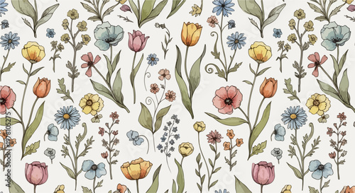 Soft pastel floral background pattern with delicate wildflowers and leafy accents in a seamless design