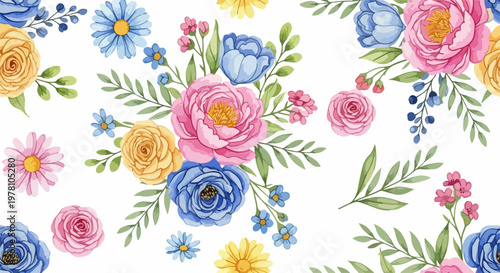 Bright and cheerful garden flowers blooming across a light background in artistic harmony