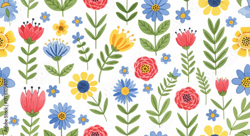 Charming meadow blossoms arranged in a seamless repeating pattern with soft natural hues