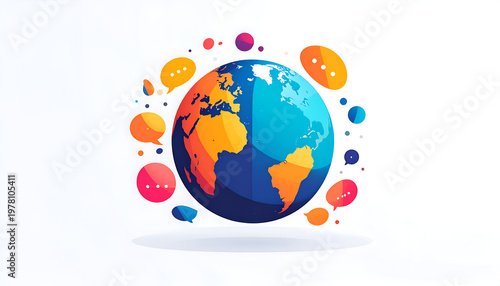 Global connection concept with speech bubbles orbiting stylized world globe art