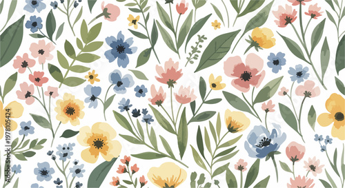Delicate pastel wildflowers dancing across a soft background in a timeless botanical pattern