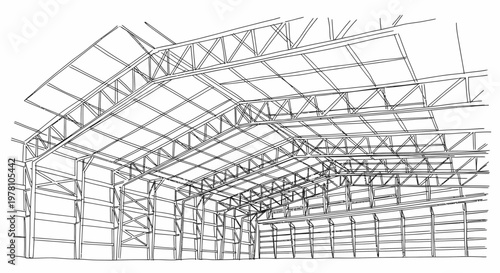 Technical drawing of a vast industrial buildings steel framework, showcasing robust roof and wall trusses, perfect for engineering and construction planning.