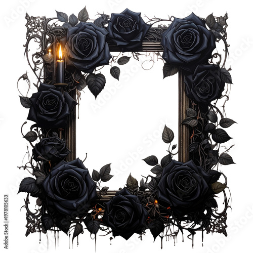 Dark gothic black roses frame candlelight glow fantasy style transparent background dramatic floral border design