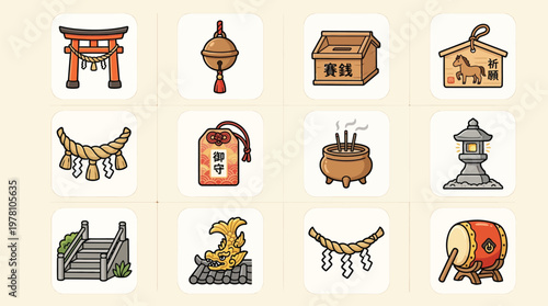 Collection of Japanese Shinto shrine icons, including torii gates, omamori charms, and incense burners.
