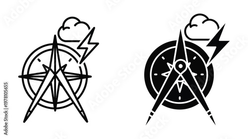 Historical compass and divining rod symbols with lightning and clouds above