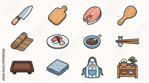 A collection of Japanese culinary icons, including sushi, salmon, kitchen tools, and servingware, presented in a clean, illustrative style.