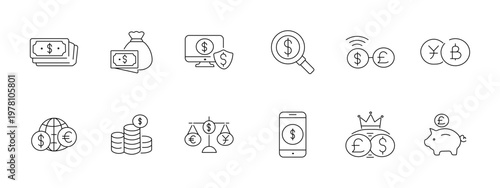 Finance currency global set icon. Banknotes bag monitor search wireless yen bitcoin globe coins balance mobile piggy depict money investment economy digital
