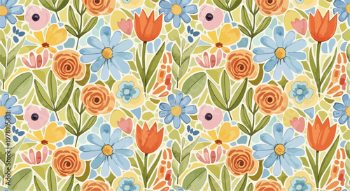Warm mustard wallpaper alive with folk-art flowers and leafy movement.