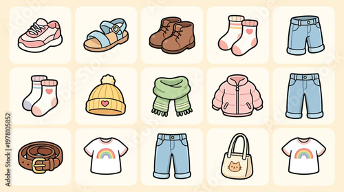A collection of cute, cartoon-style clothing and accessories for children, featuring shoes, socks, hats, scarves, jackets, pants, and shirts.
