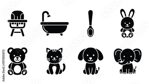 A collection of black silhouette icons depicting baby items stuffed animals and common household objects high quality professional detailed modern elegant