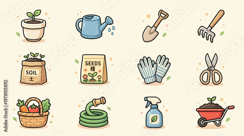 A charming collection of hand-drawn gardening icons, depicting essential tools and supplies for cultivating plants and vegetables.